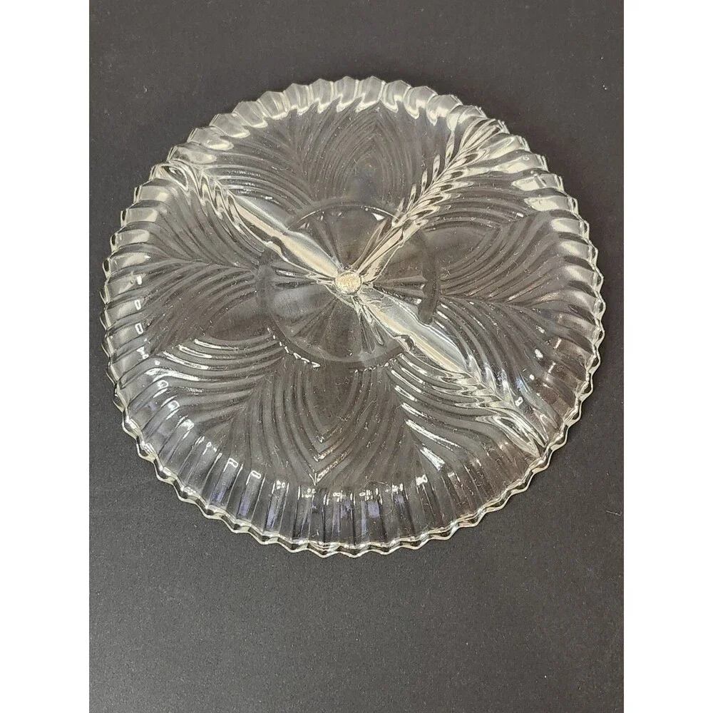 Indiana Glass 3 Section Divided Relish Dish Ridge Fan Pattern Scalloped Edge